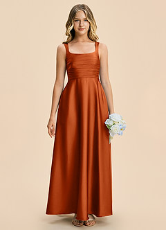 Azazie Azaria Junior Burnt Orange A-Line Pleated Stretch Satin Dress image3