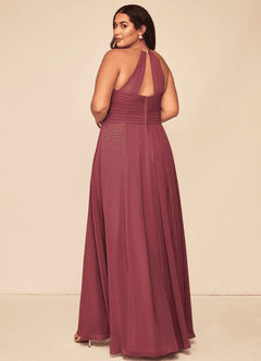 Azazie Ginger Abiti da Damigella Abito A-Line in Chiffon con Scollo Halter a Pieghe Merlot image11
