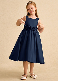 Azazie Peaches Flower Girl Dresses Dark Navy A-Line Bow Matte Satin Dress image4