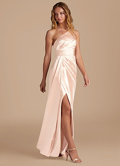 Azazie Mika Bridesmaid Dresses Rose Gold Sheath One Shoulder Metallic Satin Dress image4