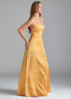Azazie Mei Bridesmaid Dresses Golden Blooms A-Line V-Neck Stretch Satin Dress image4