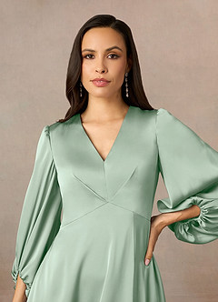 Azazie Luna Mother of the Bride Dresses Agave A-Line Pleated Stretch Satin Dress image9