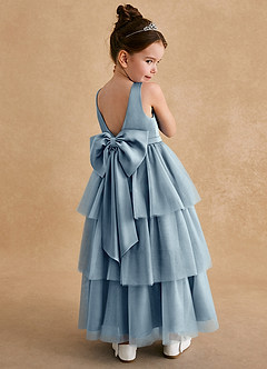 Azazie Megallie Robe Demoiselle D'honneur Fillette Robe Trapèze en Tulle Arc Bleu Poussiéreux image1