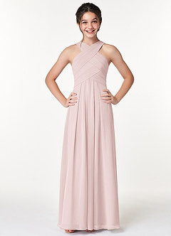 Azazie Kaleigh Junior Robe Trapèze en Mousseline de soie Plissée Rose Pâle image1