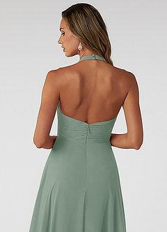 Azazie Tessie Vestidos de damas de honor Vestido de Salvia Plateada de Gasa de Corte en A con Cuello en V plisado image4