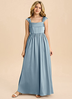 Azazie Hattie Junior Dusty Blue A-Line Pleated Stretch Satin Dress image8