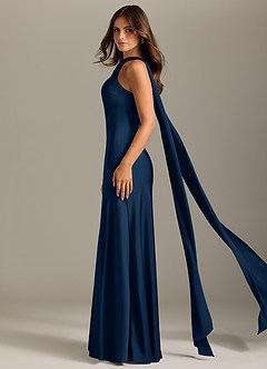 Azazie Kinsley Vestidos de damas de honor Vestido de Azul Marino Oscuro de Satén Elástico de Corte Sirena con Corte Lateral image4