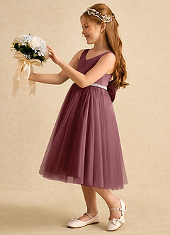 Azazie Firefly Robe Demoiselle D'honneur Fillette Robe Trapèze en Mat Satiné Arc Rose Du Désert image1