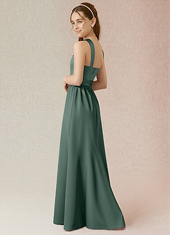Azazie Jiya Junior Eucalyptus A-Line Pleated Stretch Satin Dress image3