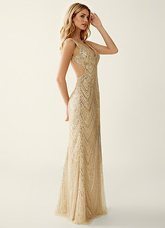 Hazelen Champagne Sequin Embroidery Beading Tulle Off-the-Shoulder Prom Dress image5