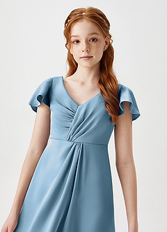 Azazie Soren Junior Steel Blue A-Line Ruched Stretch Satin Dress image3
