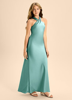 Azazie Doretta Junior Aqua A-Line Pleated Stretch Satin Dress image6