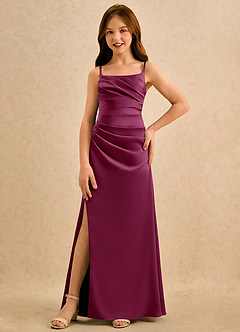 Azazie Cannoli Girls Formal Flower Girl Dresses Mulberry A-Line Pleated Matte Satin Dress image3