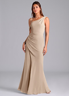 Azazie Madelyn Bridesmaid Dresses Taupe Mermaid Off the Shoulder Chiffon Convertible Dress image4