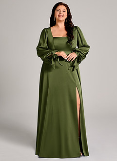 Azazie Leonia Bridesmaid Dresses Olive A-Line Long Sleeve Stretch Satin Dress image5