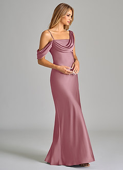 Azazie Celina Bridesmaid Dresses Vintage Mauve Sheath Off the Shoulder Stretch Satin Dress image6