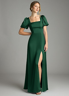 Azazie Fyona Bridesmaid Dresses Dark Green A-Line Pleated Stretch Satin Dress image3