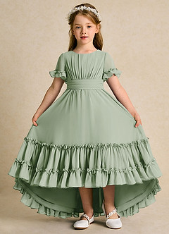 Azazie Kass Flower Girl Dresses Dusty Sage A-Line Pleated Chiffon Dress image2