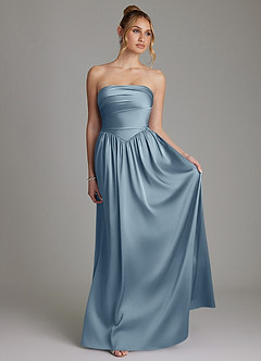 Azazie Zena At-home Try On Dresses Dusty Blue A-Line Strapless Stretch Satin Dress image4