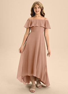 Azazie Maggie Junior A-Linie Schulterfrei Chiffon Kleid Champagner Rosa image5