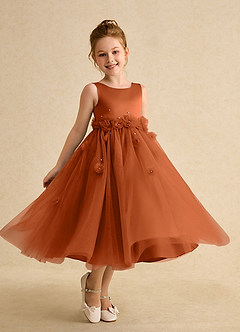 Azazie Lux vestidos de niña de las flores Vestido de Naranja Quemada de Tul de Corte En A con Perla image1