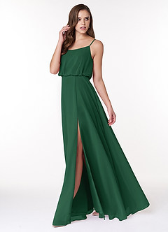 Azazie Lupe Final Sale Dark Green A-Line Scoop Blouson Chiffon Dress image3