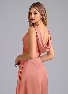 Azazie Karina Bridesmaid Dresses Coral A-Line Pleated Stretch Satin Dress image2