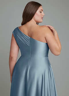 Azazie Melanie Bridesmaid Dresses Dusty Blue A-Line Off the Shoulder Stretch Satin Dress image13