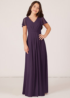 Azazie Peony Junior Robe Trapèze en Mousseline de soie Plissée Prune image1