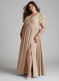 Azazie Zella Robes de demoiselle d'honneur Robe Trapèze en Mousseline de soie Dentelle Taupe image3