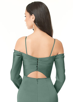 Azazie Hallie Bridesmaid Dresses Eucalyptus Sheath Off-The-Shoulder Long Sleeve Stretch Satin Convertible Dress image8