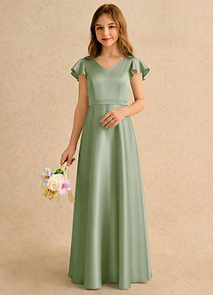 Azazie Nari Girls Formal Robe Demoiselle D'honneur Fillette Robe Trapèze en Satin extensible avec manches Vert Sauge image3