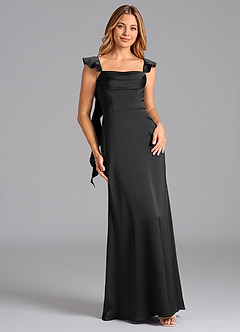 Azazie Adi Bridesmaid Dresses Black A-Line Pleated Stretch Satin Dress image1