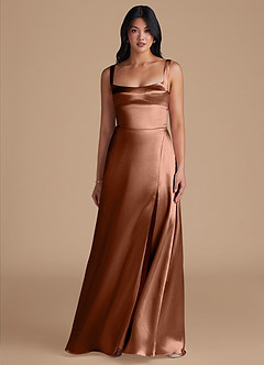 Azazie Hope At-home Try On Dresses Bronzer A-Line with Pockets Metallic Satin Dress image2