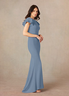 Azazie Peppermint Final Sale Dusty Blue Mermaid Scoop Ruched Stretch Crepe Dress image2