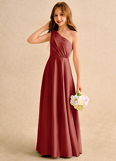 Azazie Puddles Junior Formal Flower Girl Dresses Terracotta A-Line One Shoulder Matte Satin Dress image6