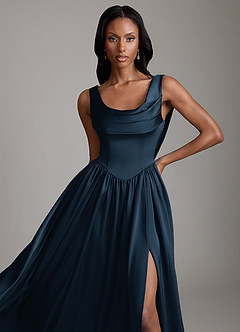 Azazie Novi Bridesmaid Dresses Dark Navy A-Line with Pockets Stretch Satin Dress image3