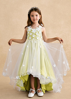 Azazie Celia Flower Girl Dresses Canary A-Line Lace Tulle Dress image4