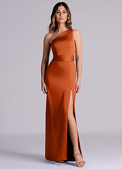 Azazie Philana Bridesmaid Dresses Burnt Orange A-Line One Shoulder Stretch Satin Dress image8