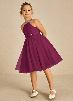 Azazie Honey Flower Girl Dresses Mulberry A-Line Beaded Matte Satin Dress image5