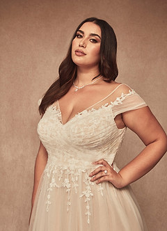 Azazie Bellisima Wedding Dresses Diamond White Nude A-Line V-Neck Tulle Dress image5