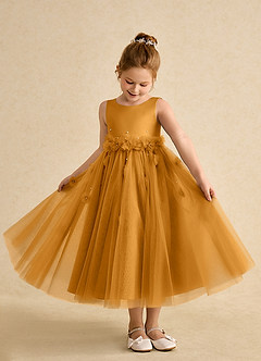 Azazie Lux Flower Girl Dresses Butterscotch A-Line Beaded Tulle Dress image3