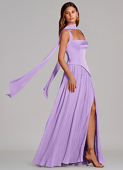 Azazie Stephanie Vestidos de damas de honor Vestido de Lila de Satén Elástico de Corte en A con Plisado image3