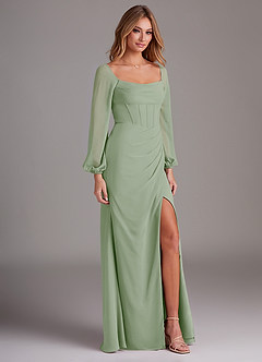 Azazie Charissa At-home Try On Dresses Dusty Sage Sheath Long Sleeve Chiffon Dress image5