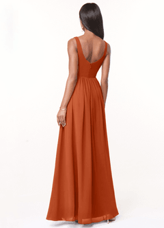 Azazie Keyla Bridesmaid Dresses Burnt Orange A-Line V-Neck Pleated Chiffon Dress image2