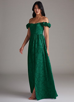 Azazie Autumn Robes de demoiselle d'honneur Robe Trapèze Convertible en Blumen-Burnout Épaule décolletée émeraude image4