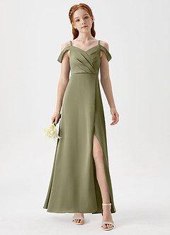Azazie Ocean Junior Pistachio A-Line Off the Shoulder Stretch Satin Dress image4