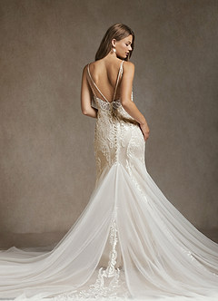 Azazie Josephine Final Sale Diamond White Nude Mermaid V-Neck Sequins Tulle Dress image1