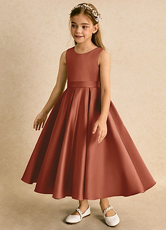 Azazie Junebuj vestidos de niña de las flores Vestido de Castaño de Satin Mate de Princesa con Plisado image3