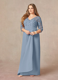 Azazie Joan Mère de la mariée Robes Robe Fourreau en Mousseline de soie Col V Dentelle Bleu Poussiéreux image8